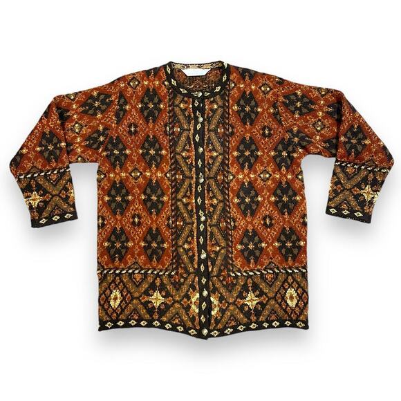 VTG St Michael from Marks & Spencer Cardigan Womens Rust Brown Geometric Large - Picture 1 of 8